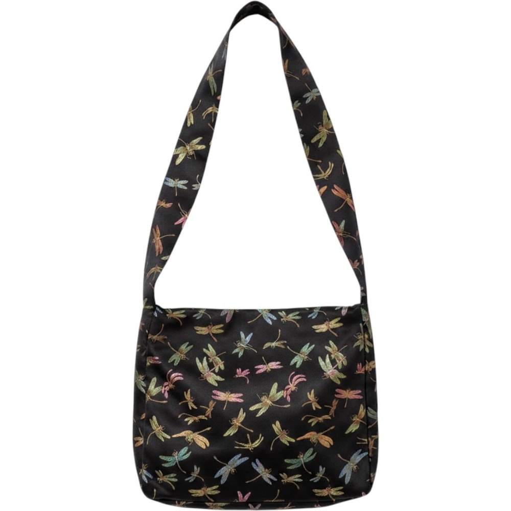 Vintage Square International Dragonfly Print Crossbody Bag Black Satin Hobo Bag